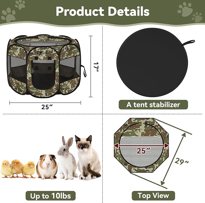 Pink Puppy Playpen for Middle Dog Cat, Dogs Tent Crate Cage Indoor/Outdoor, Portable Pop Up Dog Kennel with Carrying Bag for Rabbits, Removable Top (Green Camo, Small)
