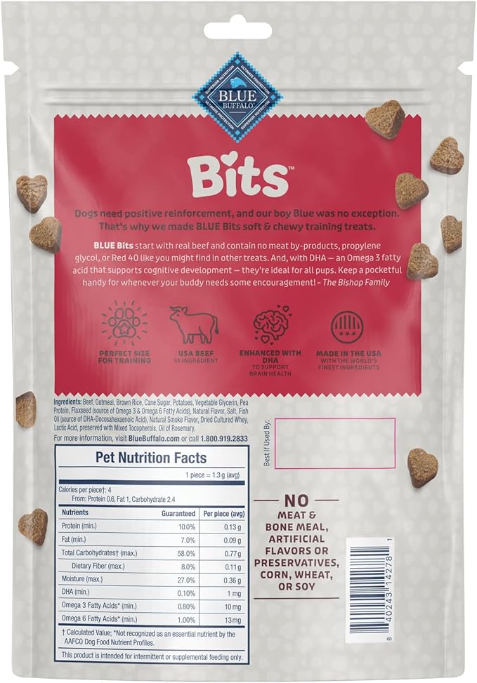 Blue Buffalo Bits Beef Soft & Chewy Dog Treats, Bite-Sized for Training, Made with Real Beef & Enhanced with DHA, Heart-Shaped Dog Treats, Made in the USA with Natural Ingredients, 19 oz.