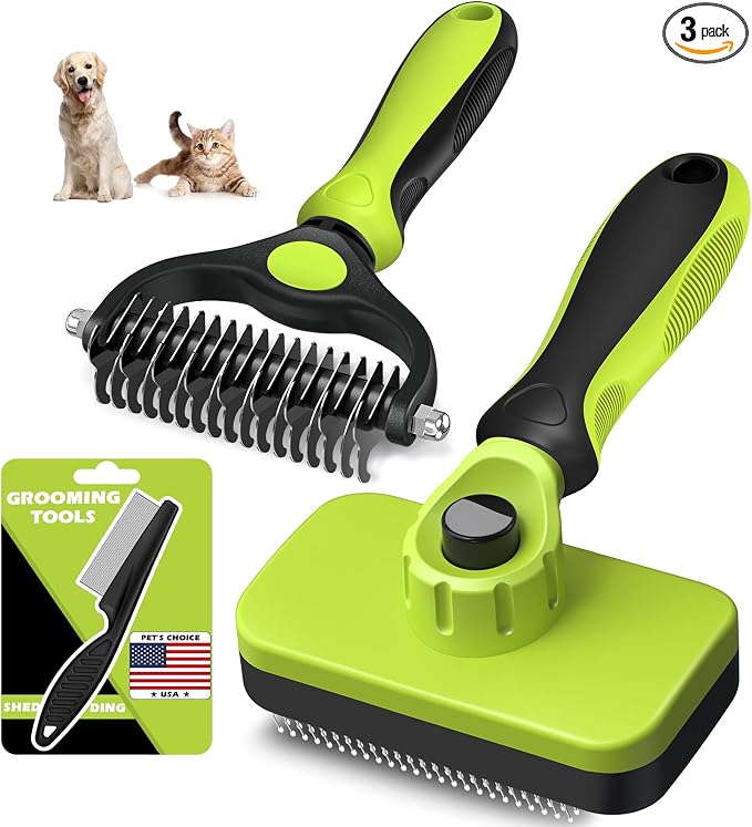 3PCS Self Cleaning Slicker Brush & Pet Grooming Rake & Flea Comb for Dogs,Cats and Horses | Double-Sided Dematting Comb & Skin Friendly Deshedding Grooming Tool (Green)
