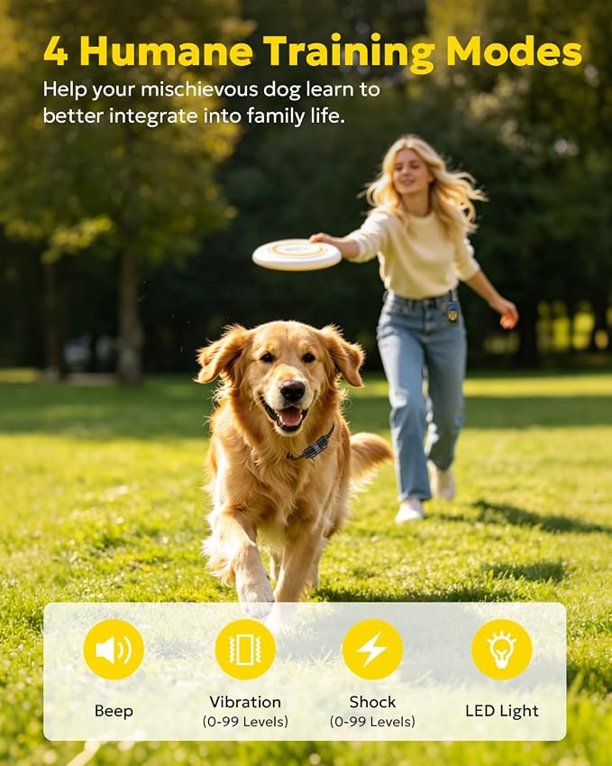 Dog Training Collar with Remote, 3300ft Remote Dog Shock Collar, IPX7 Waterproof Rechargeable E-Collar, 4 Training Modes (Night LED Light，Beep, Vibration, Shock) for Small Medium Large Dogs