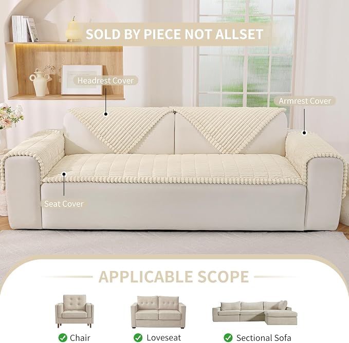 Fuzzy Couch Arm Covers for Dogs Washable, Thick Couch Covers for 3 Cushion Sofa Pet Friendly, Non Slip Plush Dog Couch Cover for for Sectional, Loveseat (Beige, 17.6" x 17.6")