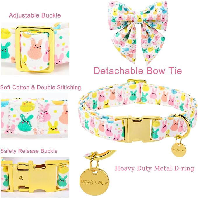 Easter Dog Collar with Bow Tie, Cotton Bunny Bowtie for Large Girl Boy Dog, Cute Rabbit Pet Collar with Metal Buckle, Gift, S
