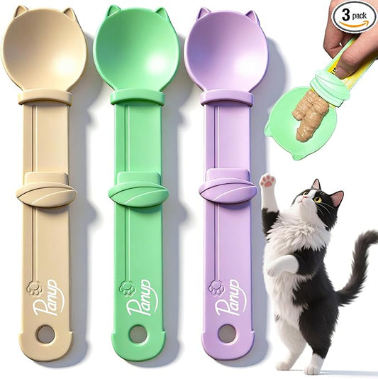 3 Pack Cat Treat Dispenser Spoon - Squeeze Cat Strip Feeder for Lickable Treats and Puree, Ergonomic Cat Treat Squeeze Spoon for Liquid Snacks & Wet Food, Mess-Free Pet Feeding Tool (Cat Round Style)