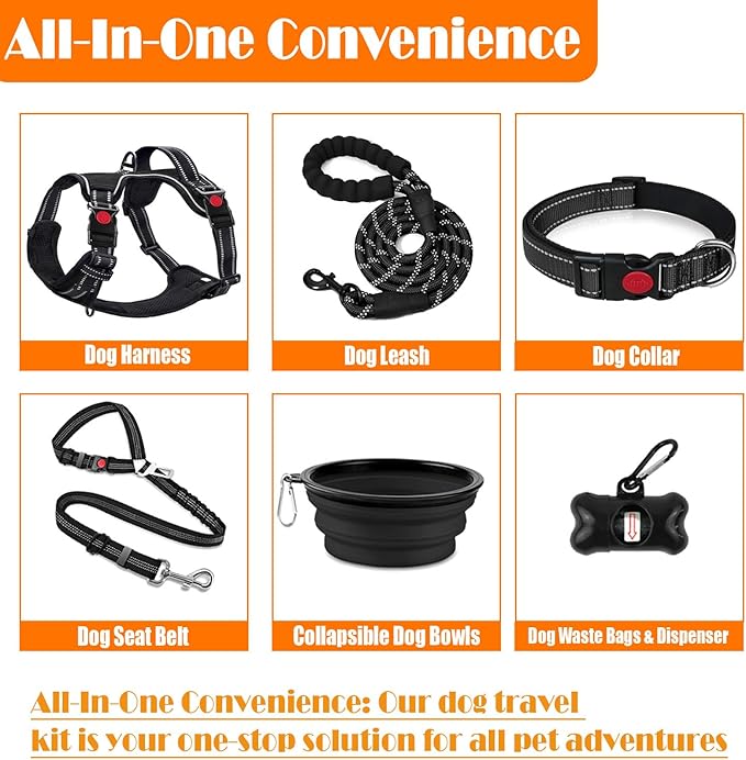 LOBEVE No Pull Dog Harness, Collar & Leash Set | Includes Dog Seat Belt, Collapsible Bowls & Poop Bag Dispenser. Ideal for Training, Walking, Hiking. Fits Small to Large Dogs(Black-XL)
