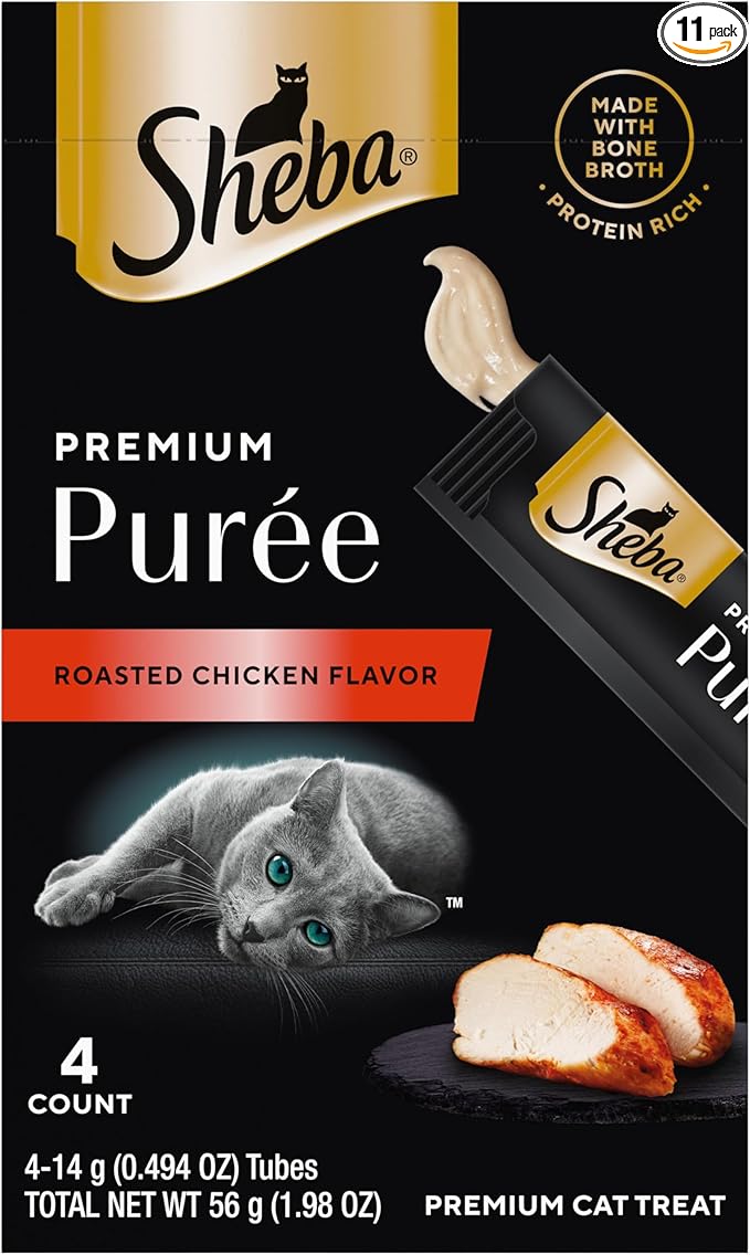 Sheba Premium Puree Cat Treats Lickable Roasted Chicken Flavor, Lickable Cat Treats, 0.49 oz. Tubes, 4 Count (Pack of 11), Total 44 Count