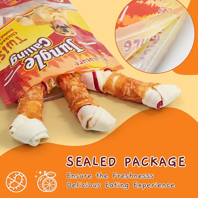 Jungle Calling Chicken Wrap Knotted Bones Dog Chews, Long Lasting Beefhide Treats Real Rawhide Bones for Large Dogs Edible Training Treats (Pack of 2)