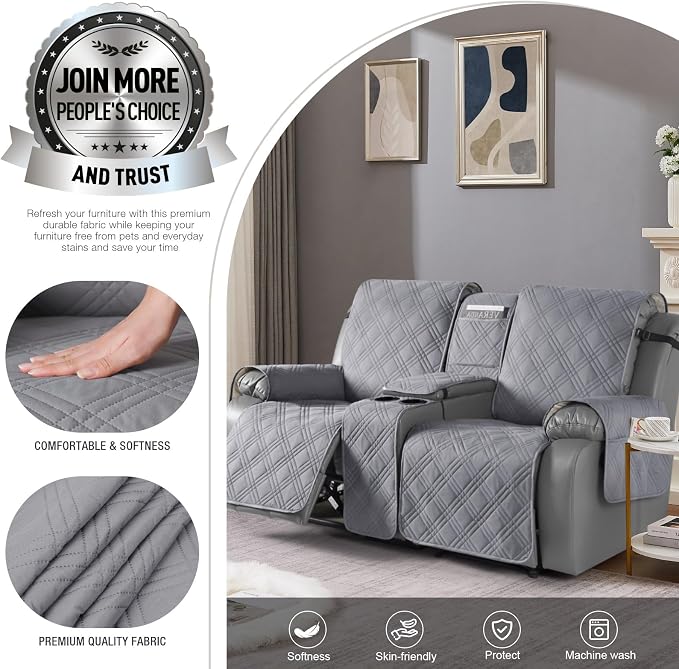 TAOCOCO Loveseat Recliner Cover with Center Console, 100% Waterproof Pet Covers for Dual Recliner with Straps Design, Split Reclining Loveseat Cover Furniture Pet&Kids Protector (2 Seater, Gray)
