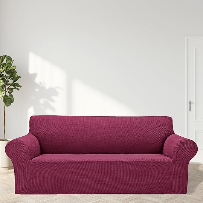 Cupuamon 2026 New Stretch Sofa Slipcovers Couch Cover for 3 Cushion Furniture Protector Sofa Covers with Elastic Bottom Jacquard Fabric Small Checks for Pets, Kids -Sofa, Wine