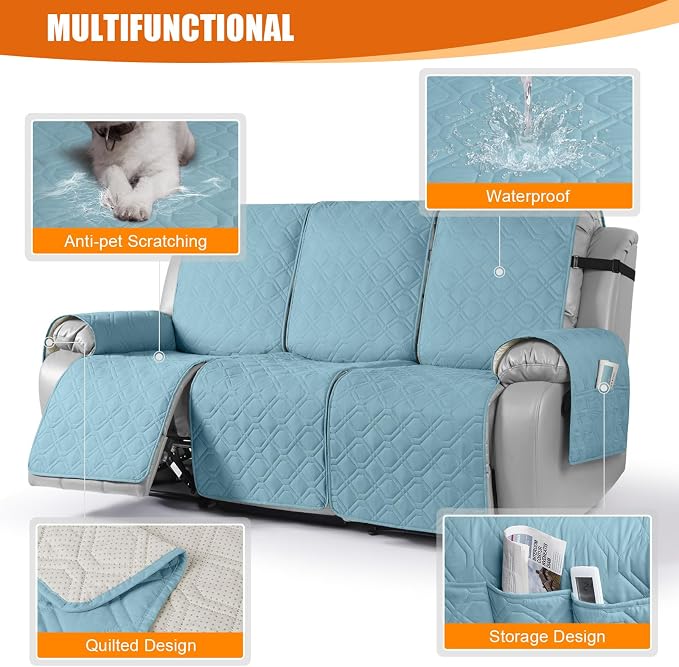 VANSOFY Waterproof Recliner Couch Covers, Sofa Covers 1-Piece Washable Reclining Sofa Cover Non-Slip Furniture Protector with Elastic Straps Pocket for Dogs, Pets(Azuree,3 Seater)