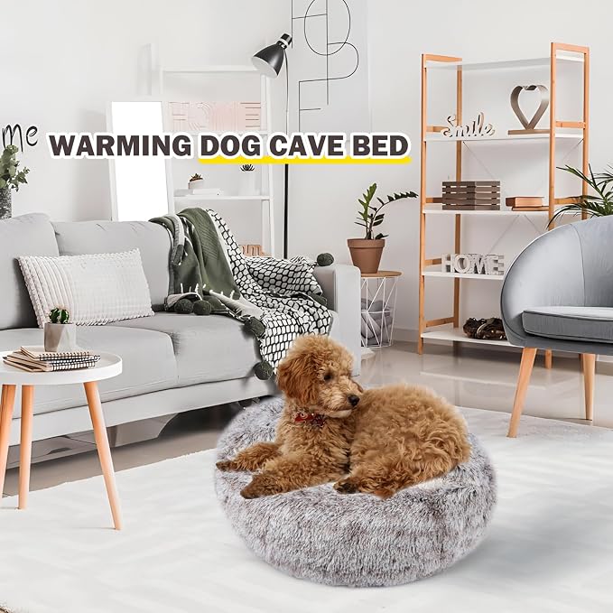 Cat Bed for Indoor Cats, Calming Cozy Cave with Self-Warming Plush, Entire Bed Machine Washable & Anti-Slip Base, Breathable Pet Bed for Small Cats&Dogs All Seasons (Khaki, 22 * 22inch)