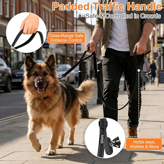 Heavy Duty Dog Leash with 2 Comfortable Padded Handles, 6 FT Traffic Handle Extra Control, Highly Reflective Threads Leash for Small/Medium/Large Dogs (Black)
