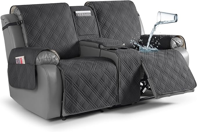 TAOCOCO Loveseat Recliner Cover with Console, Non-Slip Split Reclining Pet Cover for Dual Loveseat Recliner, Furniture Protector with Elastic Straps (2 Seater, Charcoal Gray)