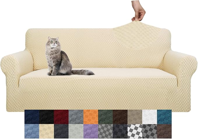 YEMYHOM Couch Cover Latest Jacquard Design High Stretch Sofa Covers for 3 Cushion Couch, Pet Dog Cat Proof Slipcover Non Slip Magic Elastic Furniture Protector (Sofa, Beige)