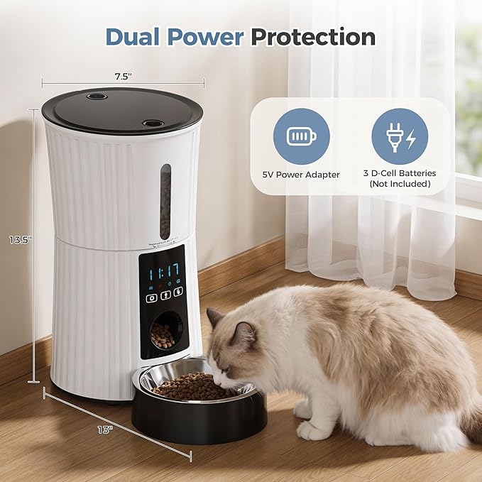 DUMOS Automatic Cat Feeder, 4L WiFi Timed Cat Food Dispenser with APP Control, 10s Voice Recorder, Dual Power Supply, Indoor Programmable Pet Feeder with Desiccant for Small Cats and Dogs, White