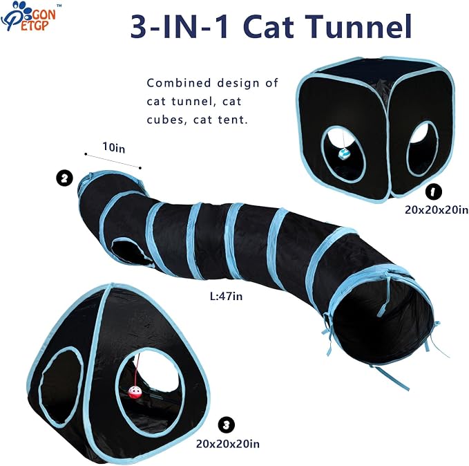 GONPETGP Cat Tunnels for Indoor Cats with Cube Tent Toys Combo, Pop Up Collapsible Crinkle Interactive Peek Hole, Cat Tube with Play Ball and Bell for Kitten, Puppy, Kitty, Rabbit - Set of 3