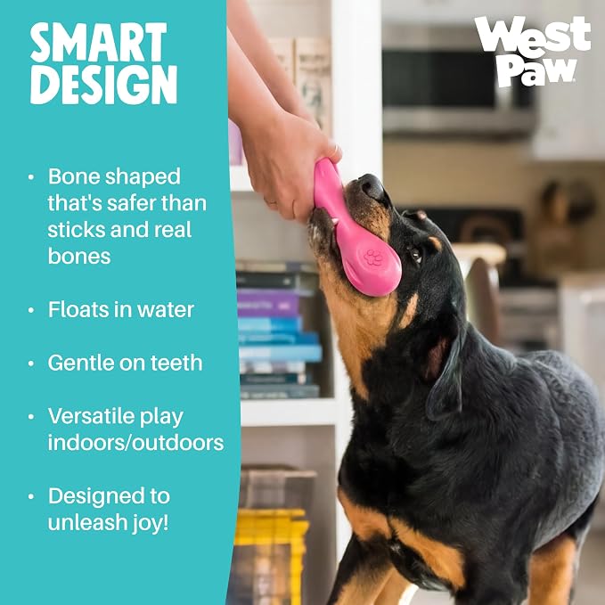 WEST PAW Zogoflex Hurley Dog Bone Chew Toy – Floatable Pet Toys for Aggressive Chewers, Catch, Fetch – Bright-Colored Bones for Dogs – Recyclable, Dishwasher-Safe, Non-Toxic, Large, Geranium
