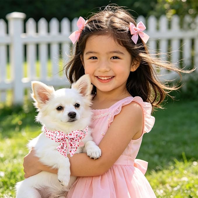 Spring and Summer Dog Collar with Bow Tie, Cherry Bowtie Collar Adjustable for Girl Boy Dog, Spring Pink Bow Collar for Dogs, L