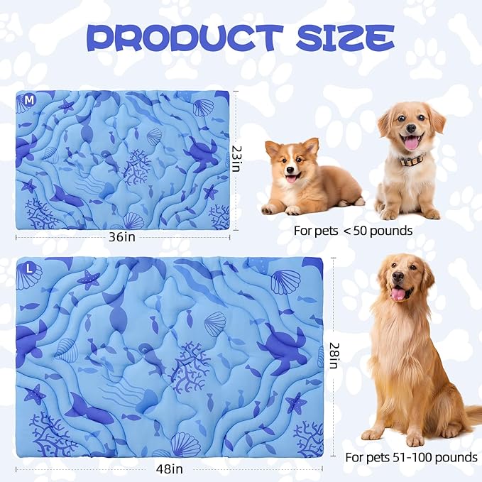 PAWCHIE Summer Dog Cooling Mat, Reversible Self-Cooling Mat for Small Medium Dogs, Washable Pet Ice Cool Pad Blanket, Pet Sleeping Pad for Crate,Bed,Indoor & Outdoor Floor,Car Seats, Blue 36'' x 23''