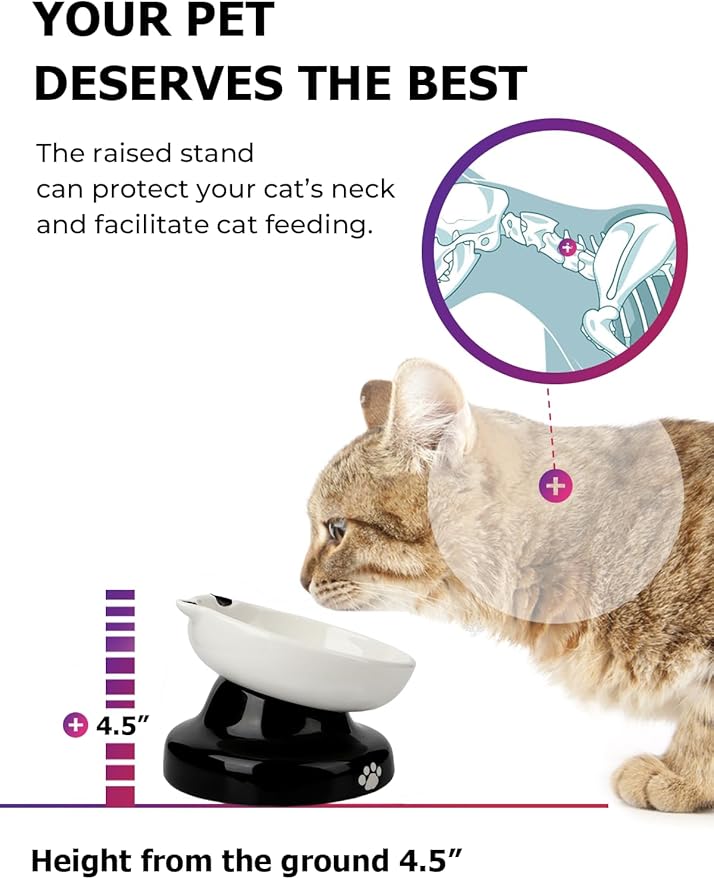 Y YHY Ceramic Cat Slow Feeder, Elevated Dog Food Bowl Tilted Design, Slow Feeder Bowl no Black Chin, Cat Shape for Dry and Wet Food