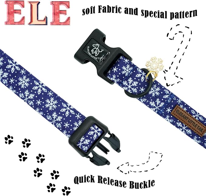 Elegant little tail Christmas Dog Collar, Snow Print Pet Collar Cotton Soft Plastic Buckle Sturdy Puppy Collars Holiday Female or Male Adjustable Collar for Medium Dogs