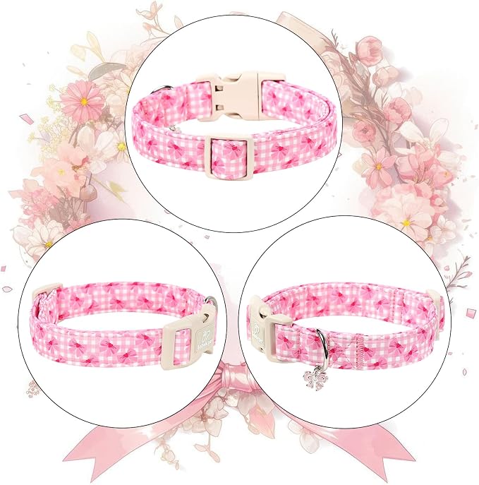 Girl Dog Collar Pink Gingham Bow Dog Collars for Giant Large Dogs - Lightweight Adjustable Girly Spring Female Dogs Everyday Collar with Safety Buckle XL