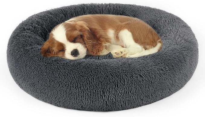 Dog Bed, Cat Calming Bed, Faux Fur Pillow Pet Donut Cuddler Round Plush Bed for Large Medium Small Dogs and Cats (Dark Grey, 23.0" L x 23.0" W x 7.0" Th)