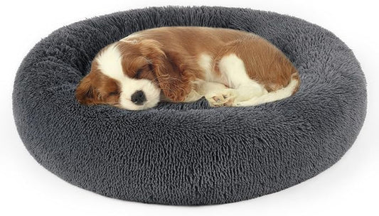 Dog Bed, Cat Calming Bed, Faux Fur Pillow Pet Donut Cuddler Round Plush Bed for Large Medium Small Dogs and Cats (Dark Grey, 23.0" L x 23.0" W x 7.0" Th)