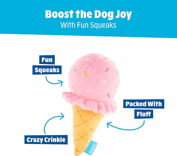 Barkbox Slobbery Ice Cream Cone Dog Toy | Plush Crinkle Toy with Hidden Squeaker Ball Inside | Squeak & Discover Toy for Small to Medium Dogs