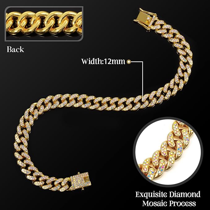 LEIFIDE Dog Chain Collar Diamond Link Puppy Collar 12 mm Wide Dog Necklace Metal Cat Chain Pet Crystal Necklace Jewelry Accessories for Small Medium Large Pet(12 Inch,Gold, AB Color)
