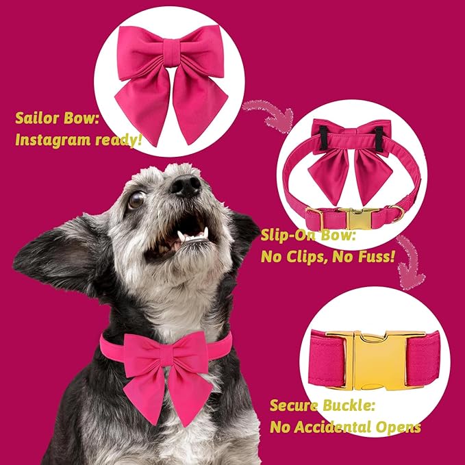 Maca Bates Hot Pink Dog Collar with Cute Rose Red Solid Sailor Bow Tie,Extra Large Girl Boy Dogs,Girly Adjustbale Durable Breakaway Soft Collars with Bowtie for Female Male Puppy,Pet with Metal Buckle