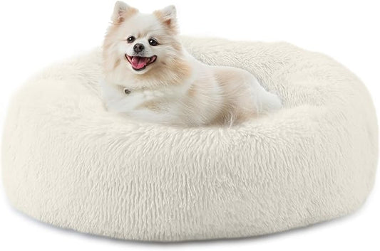 Bunlitent 23'' inch Calming Dog Bed, Anti-Anxiety Donut Small Dog Bed, Warming Cozy Soft Cute Round Washable, Marshmallow Cuddler Nest Puppy Dogs and Cats Bed, White