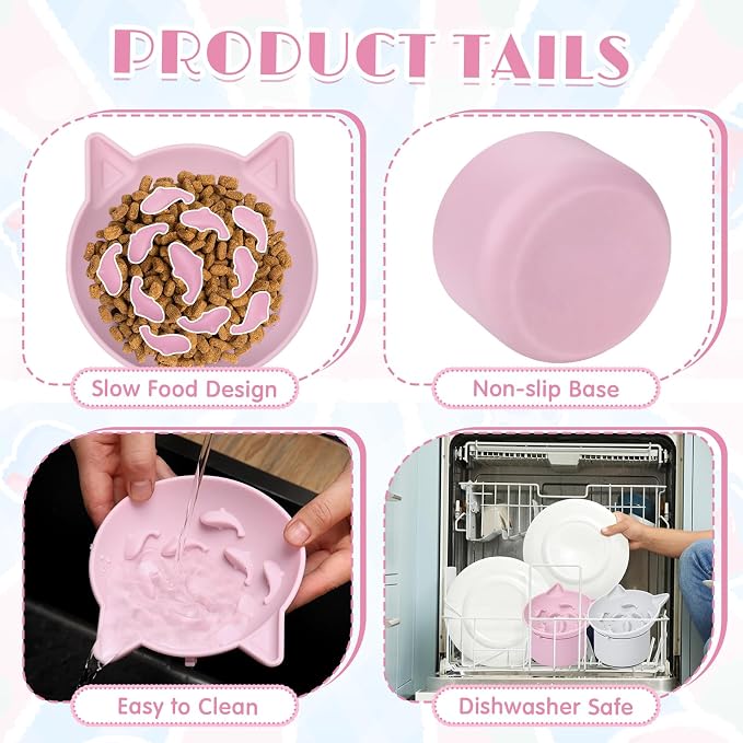 Funnymoom 2 Pack Silicone Cat Slow Feeder, Elevated Slow Feeder Cat Bowl for Dry and Wet Food, Tilted Design with Non Slip Base, Adjustable Angle for Pet(Pink and Blue)