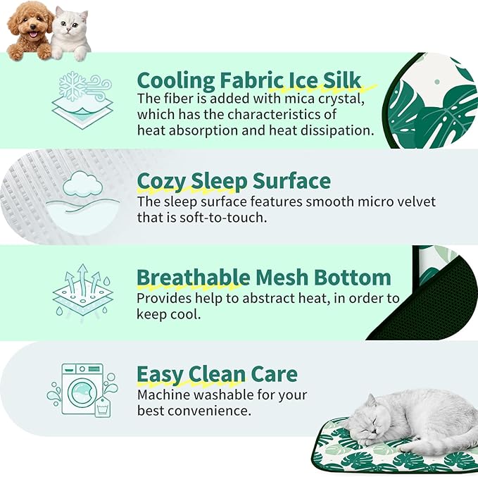 NWK Pack of 4 Pet Cooling Mat -Q-Max>0.345 Ice Silk Cooling Mat for Dogs & Cats Portable & Washable Pet Cooling Blanket, Car Seats, Beds for Summer (4pcs, Green Leaf, 20'' X 16'' X 0.3'')