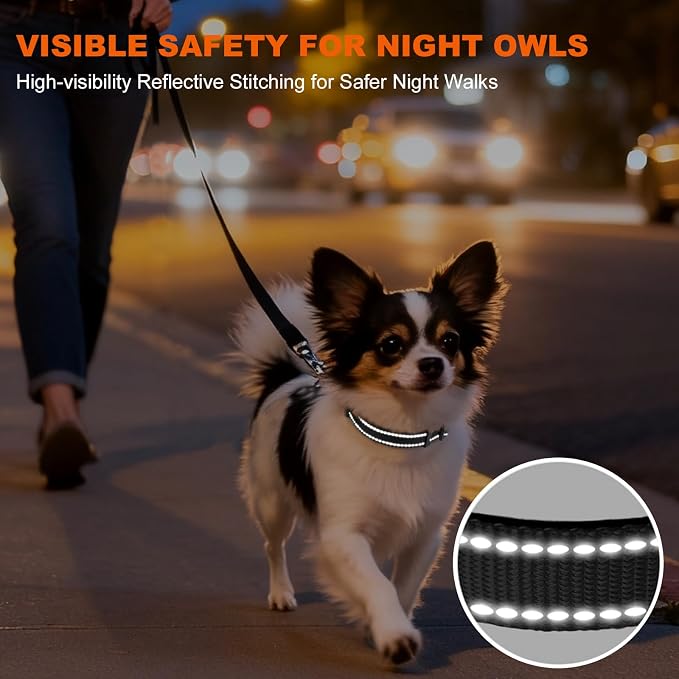 Taglory Reflective Dog Collar for Puppies with Escape-Proof Locking Buckle, Soft Neoprene Padded and Upgraded Zinc Alloy Ring, Adjustable for Chihuahua Yorkie, Black,XS