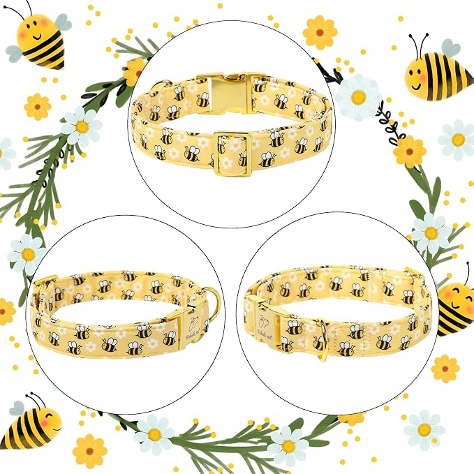 Yellow Bee Dog Collar, Cute Spring/Summer Cartoon Boy Girl Dog Collars, Adjustable Heavy Duty Male Female Dogs Collar for Small Medium Large Dogs with Metal Buckle L