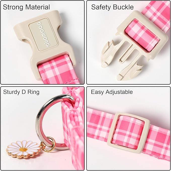 DOGWONG Pink Plaid Dog Collar for Girl Dogs, Pink Checked Dog Collars, Adjustable Soft Cute Pink Dogs Collars for Medium Lrage Dogs, Neck 39-60 inches
