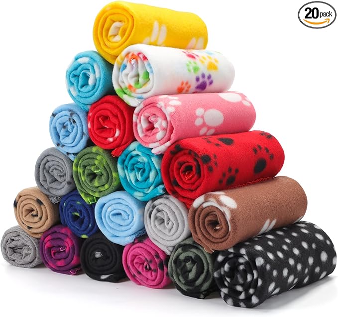 Eccliy 20 Pcs Puppy Blanket Pet Soft Fleece Dog Blankets Warm Felt Throw Sleep Mat Bed Covers for Doggie Puppy Pet Dogs Cat, 20 Styles(23.6 x 27.6 Inch,Paw)