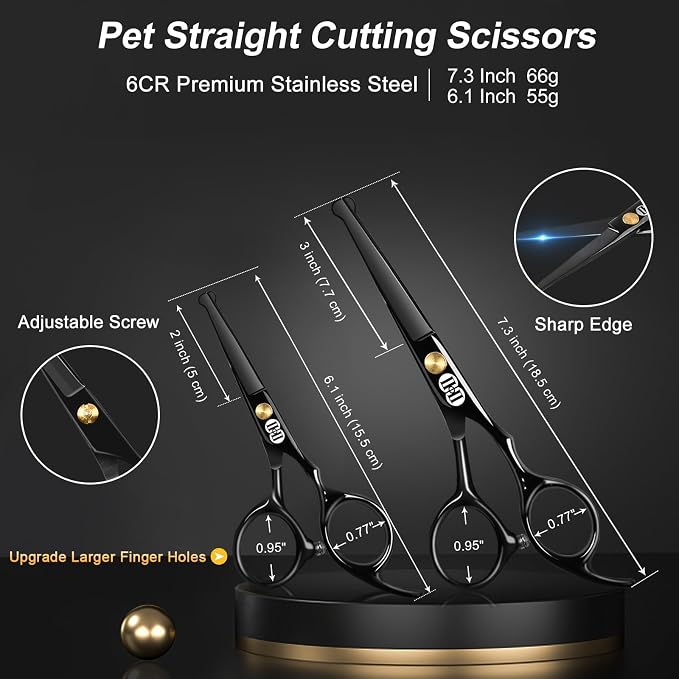 CIICII Dog Grooming Scissors Kit, 7 Inch Professional Pet Grooming Scissors Set with Safety Round Tip (Dogs/Cat Hair Cutting Trimming Thinning Shears with Curved Scissors) for DIY Home Salon (Black)