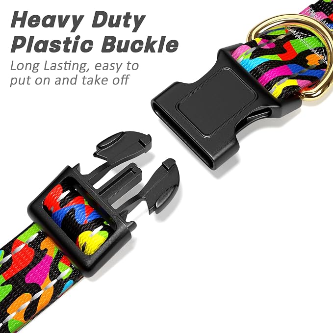Reflective Dog Collar for Large Dogs, Cute Boho Adjustable Heavy-Duty Nylon Puppy Collar for Boy and Girl Female, Soft Pet Accessories with Quick Release Buckle, Abstract Rainbow Art