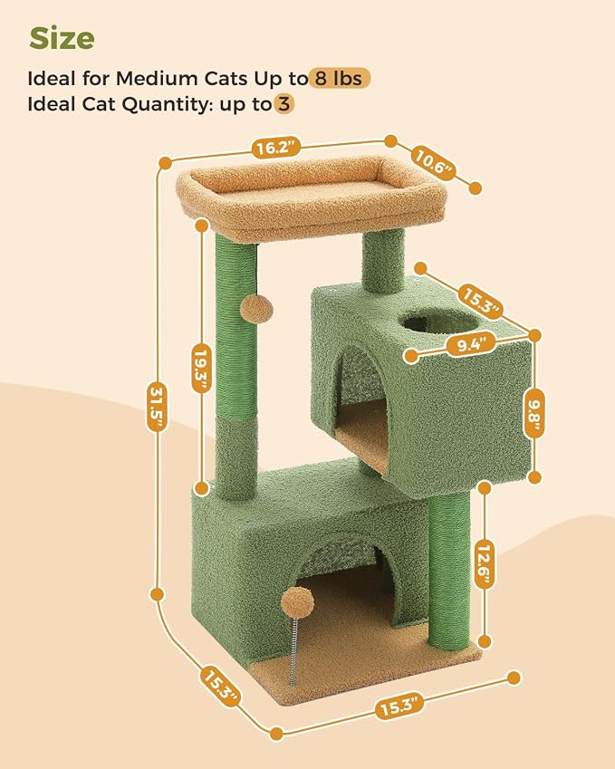 32" Cactus Cat Tree Tower for Indoor Cats - 2 Cozy Condos, Multi-Level Cat Scratching Posts with Sisal, Soft Padded Perch, 2 Dangling Toys, Green