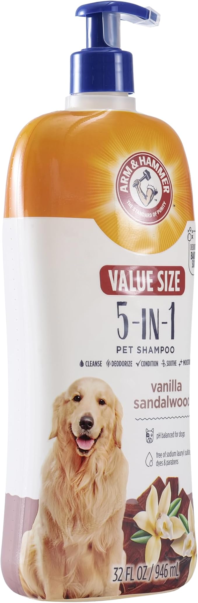 Arm & Hammer for Pets 5-in-1 Pet Shampoo with Conditioner, Vanilla Sandalwood Scent - Deodorizing, Skin Soothing, and Moisturizing Ingredients, Dog Oatmeal Shampoo with Aloe and Shea Butter, 32 Fl Oz