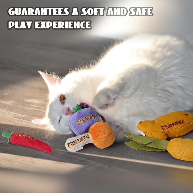 Pawsible 5 Pack Catnip Toys for Indoor Cats - 100% Organic Catnip Filled, No Cotton, Durable Teething Kicker Toys for Kittens, Food-Shaped Plush Chew Toys