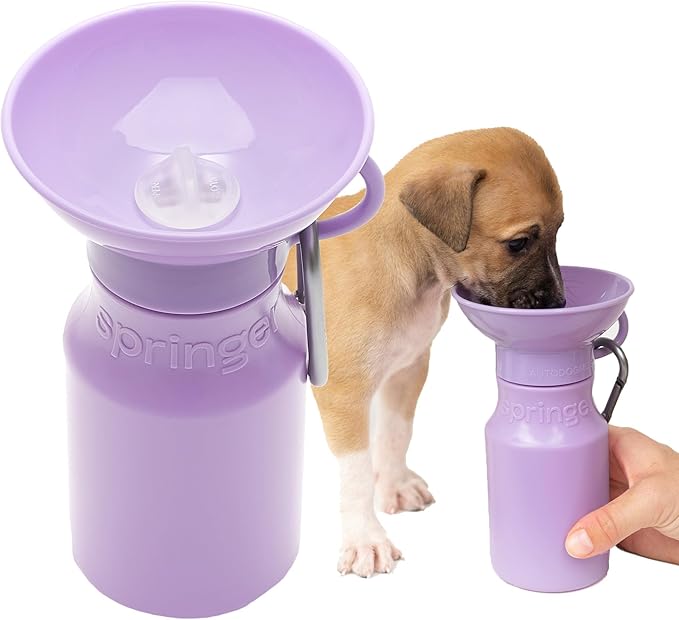 Springer by Springland 15oz Mini Dog Travel Water Bottle, Lilac, Portable Dispenser for Dogs & Puppies, Patented Leak-Proof Bowl, BPA-Free, One-Hand Squeeze, Carabiner Included | Shark Tank