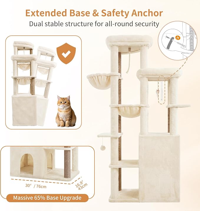 Heybly Cat Tree, 69.7 inches Secure Anti-Tip Cat Tower for Large Cats, Expansive Cat Furniture with Dual-Tier Cat Condo Villa, 2 Top Perches, Hammock & Full Sisal Scratching Posts Beige HCT065MJ
