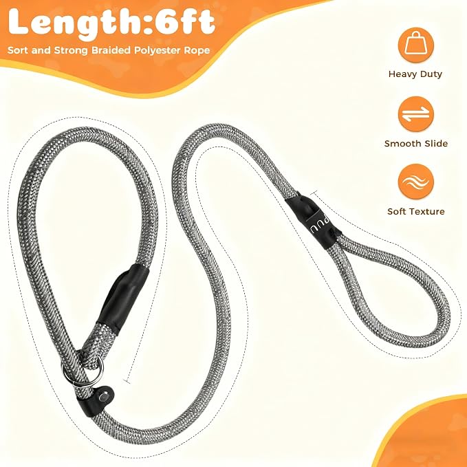 Reflective Slip Leads for Dogs,6FT x 1/2" Dog Leash Heavy Duty Strong Rope Lead for Large, Medium Dogs, No Pull Pet Training Leash(Gray, Large(1/2in-6ft))