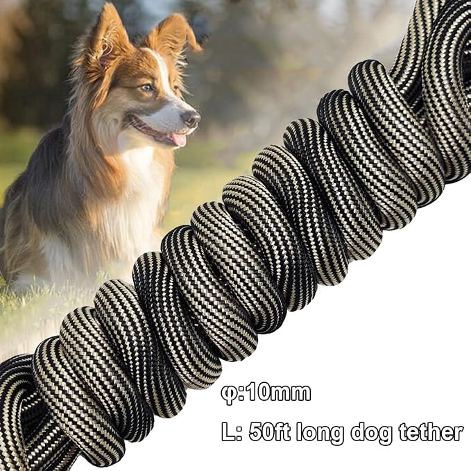 BTINESFUL 50ft Dog Tie-Out Long Tether Rope Leash, 8ft 12ft 20ft 30ft 75ft Dog Lead for Yard- Great for Large Medium Dogs Outdoor Training, Playing, Camping, or Backyard (50ft, Beige Black)