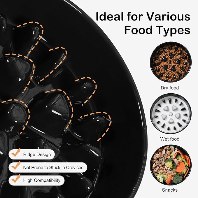 Sted Ceramic Slow Feeder Dog Bowls with Silicone Base, Slow Feeding Dog Bowl Small Medium Breed, Dogs Foods Bowls for Fast Eaters, Puzzle Dogs Food Bowl, Maze Black