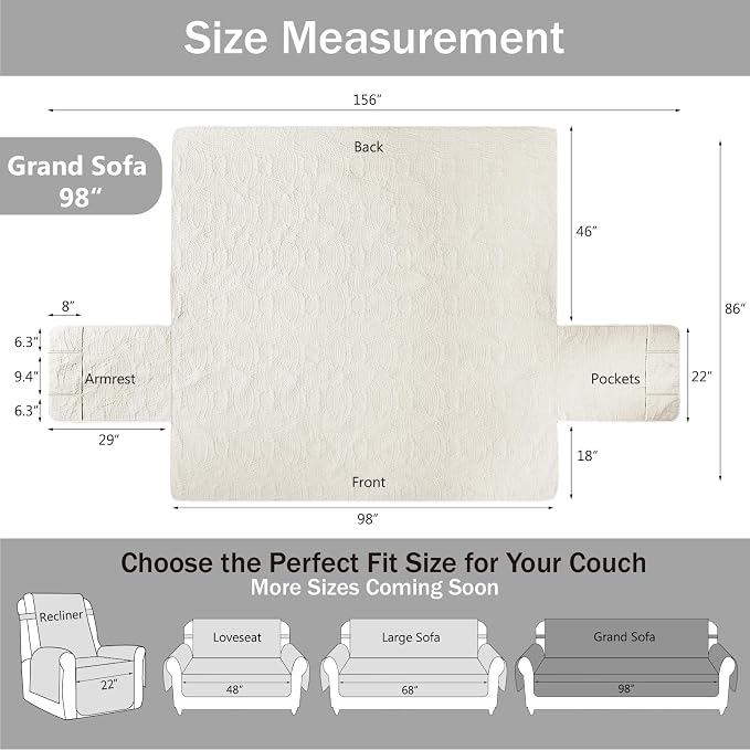 Quilted Grand Sofa Covers for 4 Cushion Couch, Couch Cover for Grand Sofa Washable, Soft Cozy Couch Protector, Oversized Grand Sofa Slipcovers Water-Repellent (Grand Sofa 98", Ivory White)