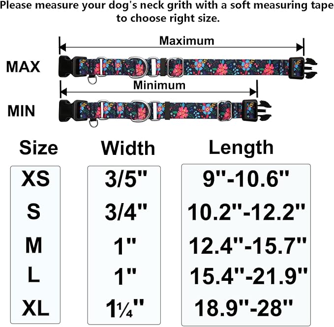 Martingale Collar for Dogs Floral Dog Collars for Small Medium Large Dogs with Buckle Adjustable Soft Nylon Dog Collar (Blue Pink Flower, XLarge)