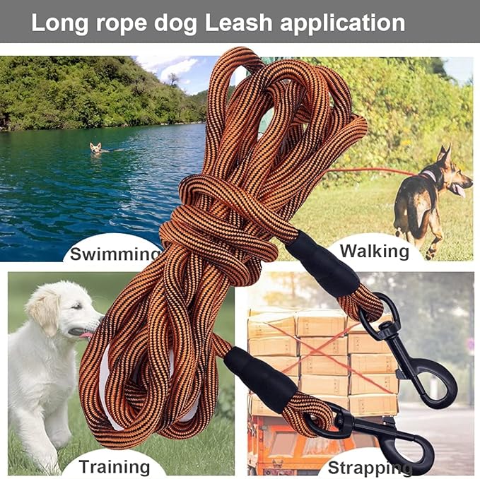 BTINESFUL Tie-Out Check Cord Long Rope Dog Leash, 8ft 12ft 20ft 30ft 50ft 75ft Dog Lead- Large Medium Dogs Tether for Yard Training, Playing, Camping, or Backyard (30ft, Orange Black)